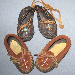 2 PAIRS CHILD BEADED MOCASINS, VINTAGE WESTERN DECOR, NATIVE AMERICAN